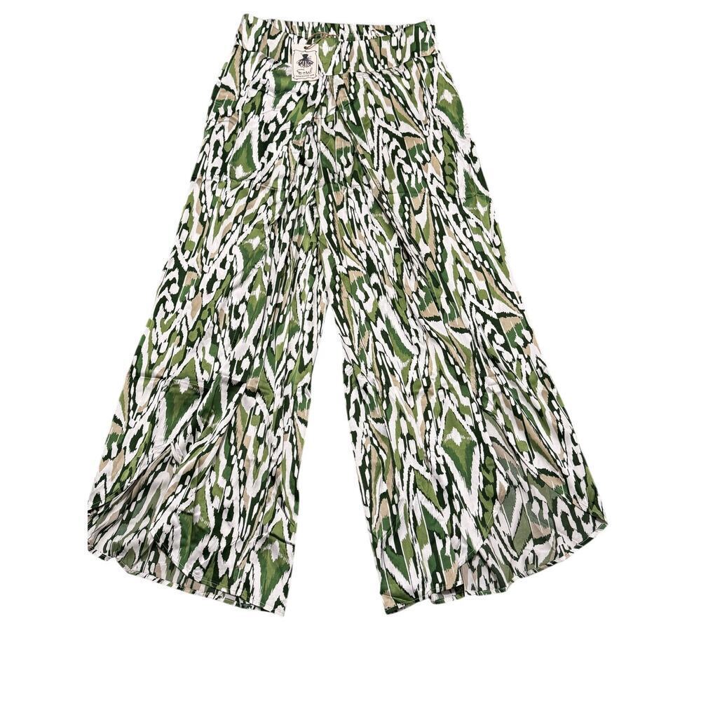 NWT Easel NY Boutiques abstract green & ivory Palazzo pants wide waist high rise